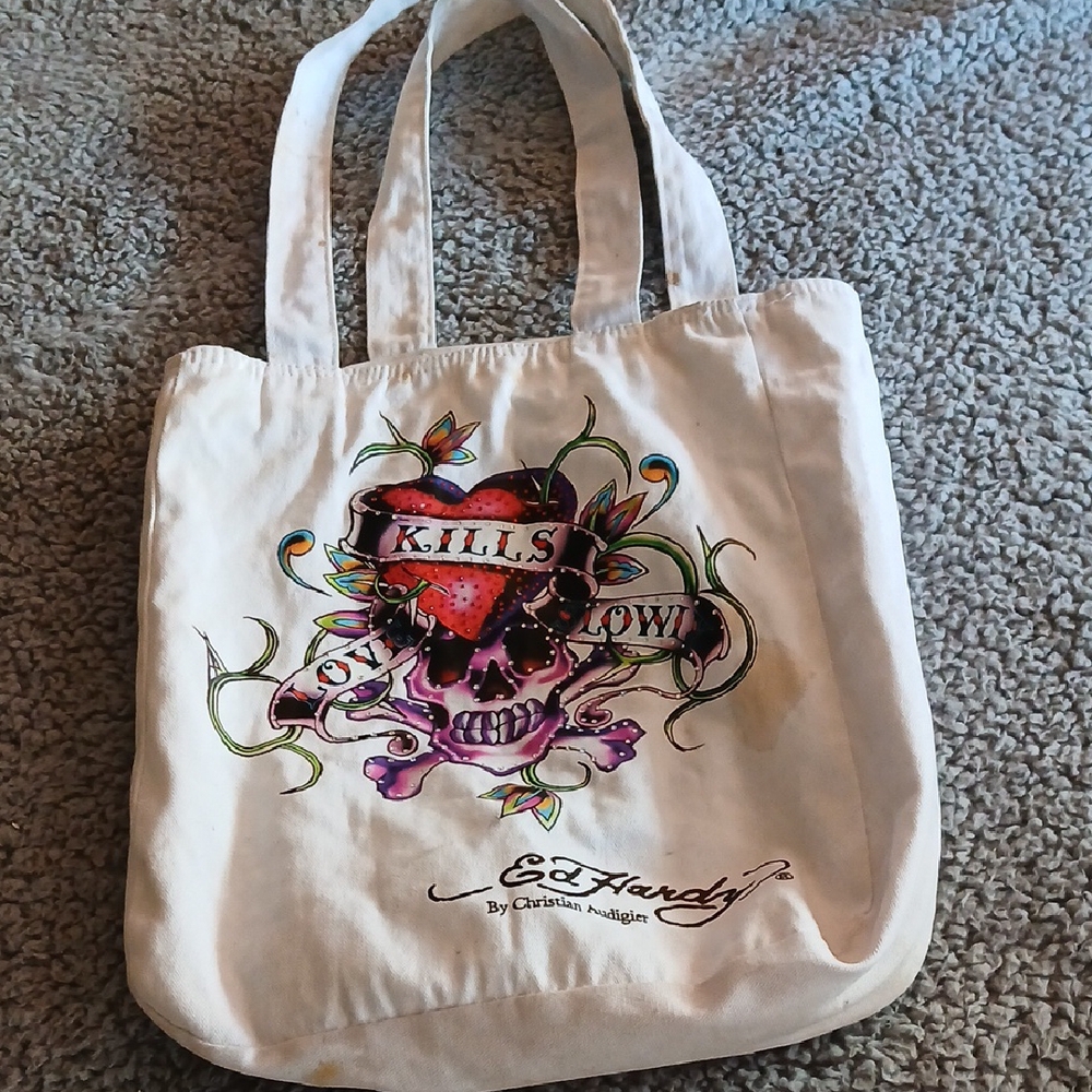 Ed Hardy White Tote Bag with Skull Design